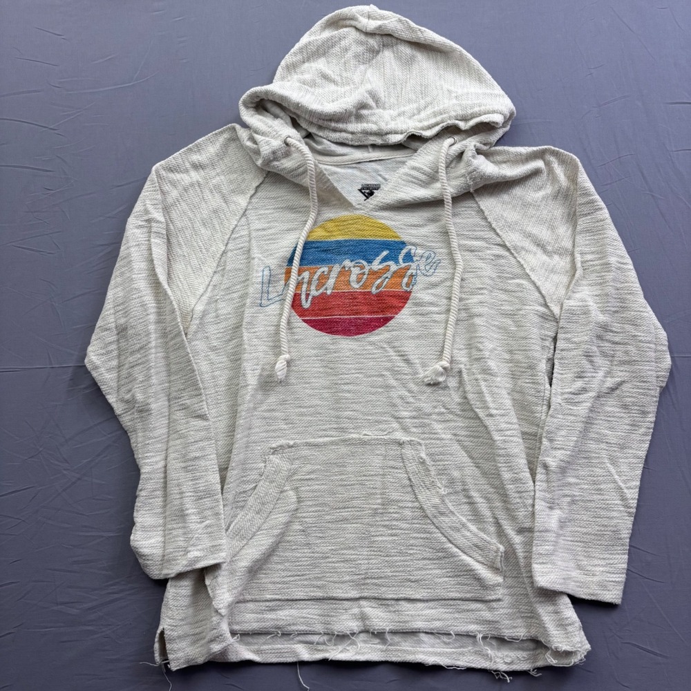 Lacrosse Unlimited Mens Small Hoodie Cream Slub Knit‎ Retro Sunset Graphic Beach